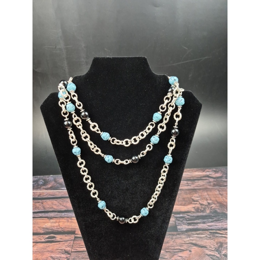 58" Silver Tone‎ Chain Necklace Turquoise Beads Long Layered Coastal Cowgirl